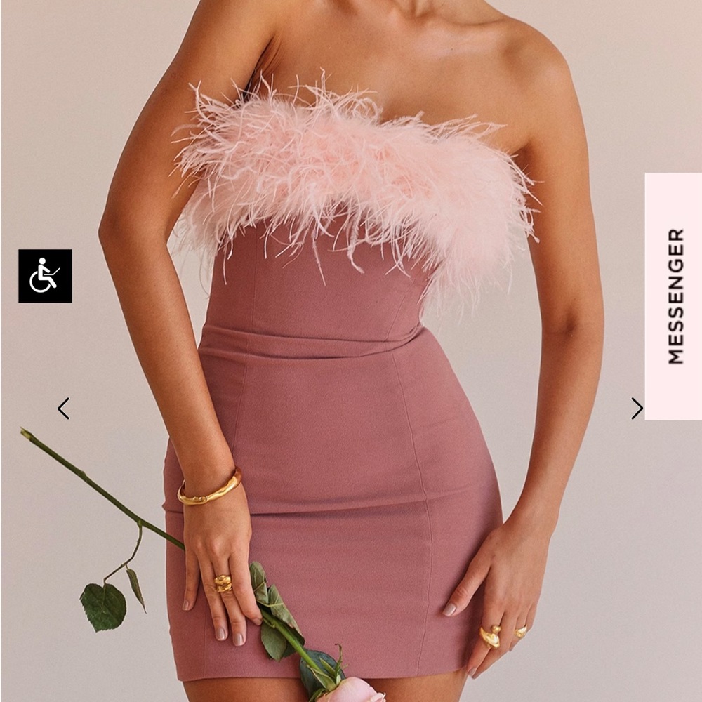 NWOT House of CB Alexa Feather Strapless Mini Dress Warm Pink Size M